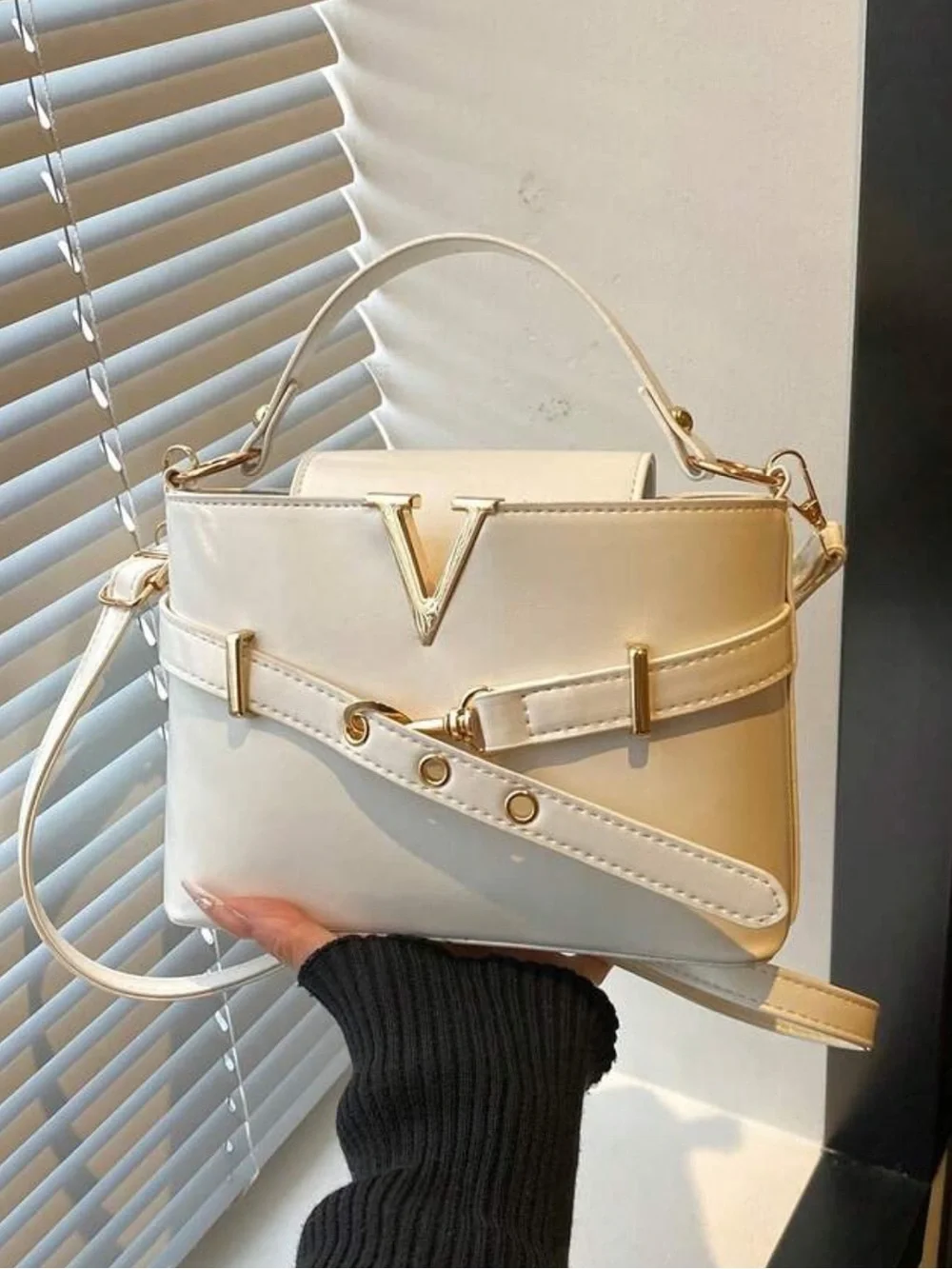 White Structured Crossbody Bag with Gold V Accent